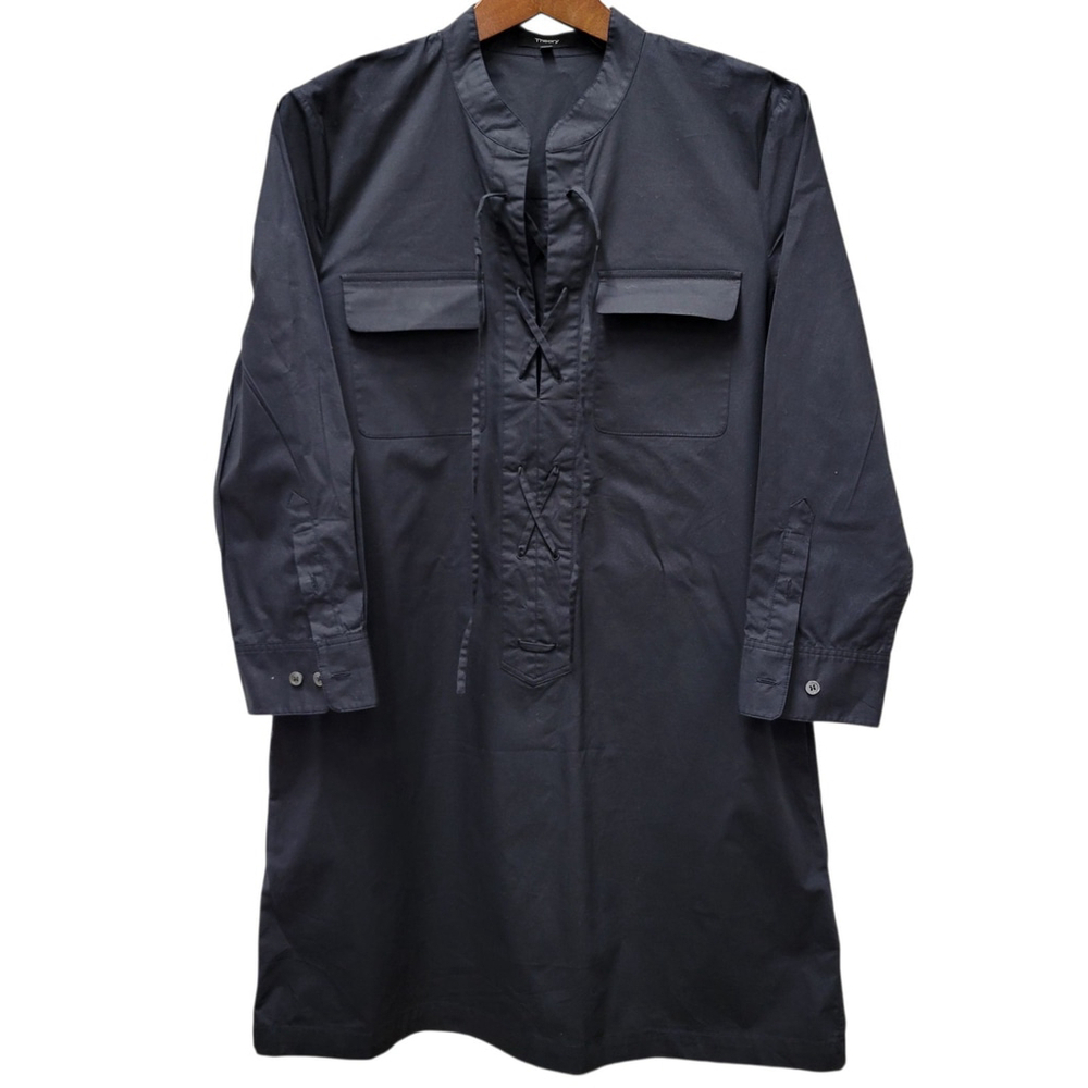 THEORY Shift Poplin Tunic Black Lace-Up Long-Sleeves Dress Size 6 Women's
